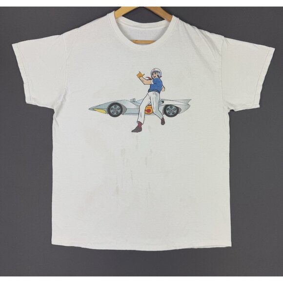 Vintage Y2K Speed Racer Cartoon TV Movie Show White Shirt Large Logo Hype - Picture 1 of 10